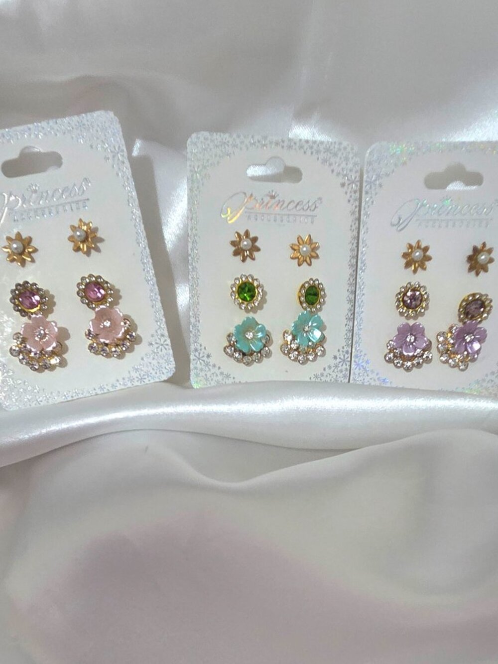 3 x 12 Princess Accessories Floral Dangle Earrings Set Multicolor Rhineston
